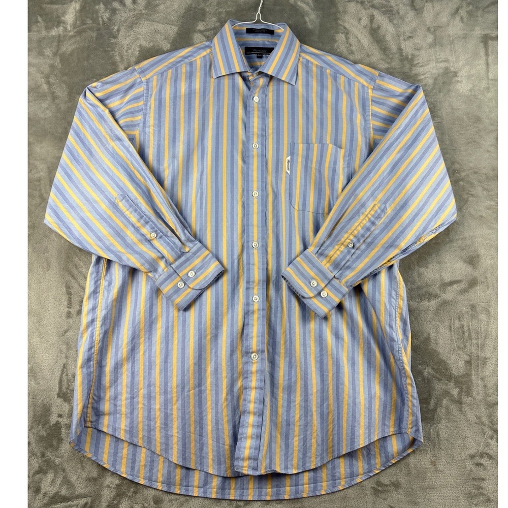 Faconnable Button-Down Mens 16.5 Blue Yellow Striped Long Sleeve EUC
